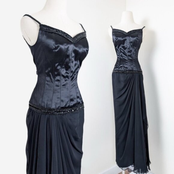 Vintage Dresses & Skirts - 80s does 20s Midi Dress Asymmetrical Drop Waist Chiffon Beading Vneck